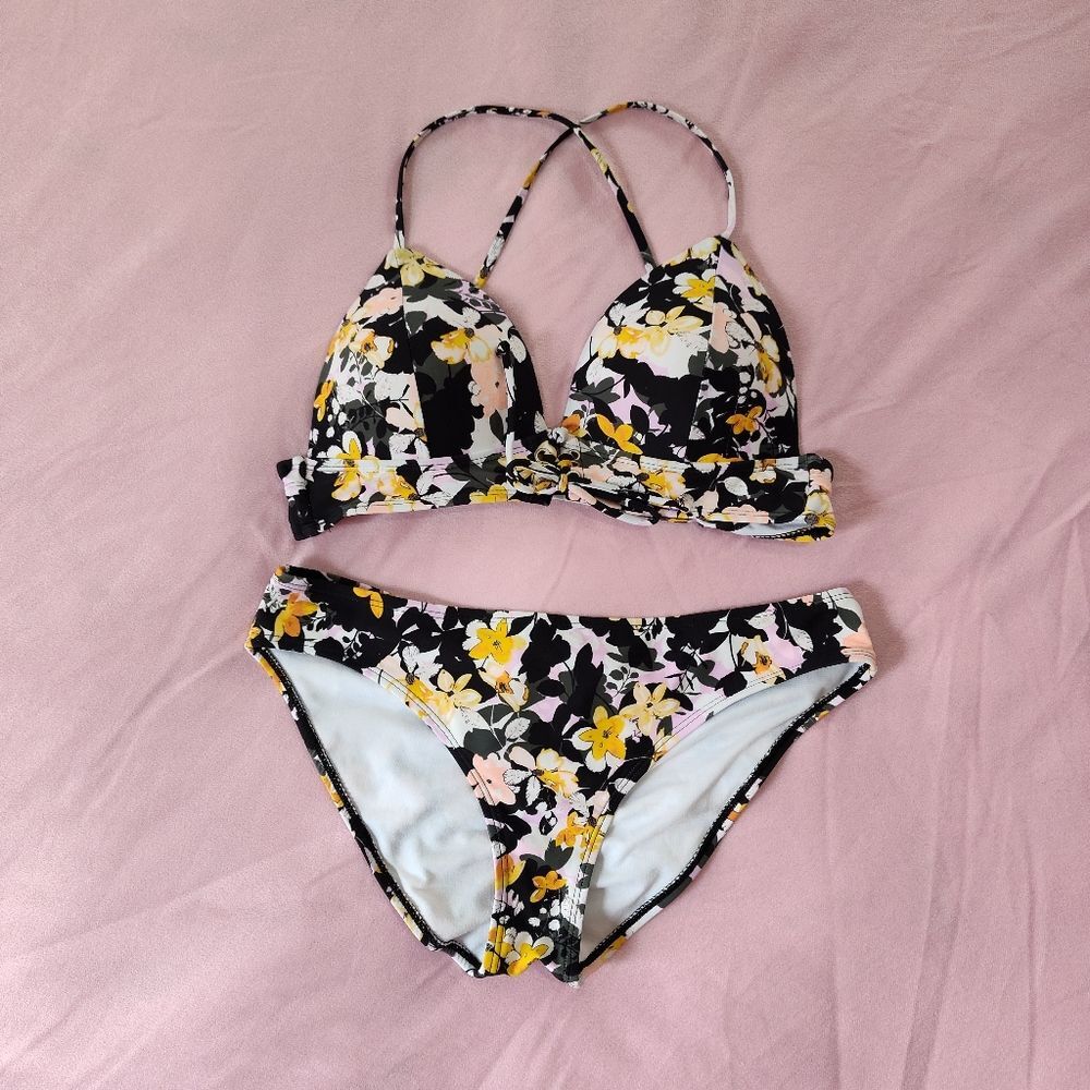 Decree Black Floral Sexy 2 Piece Bikini Swimsuit Ruched Bottom Push Up Top Large